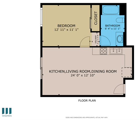 Floor plan for 1 bed, 1 bath, 608 sqft